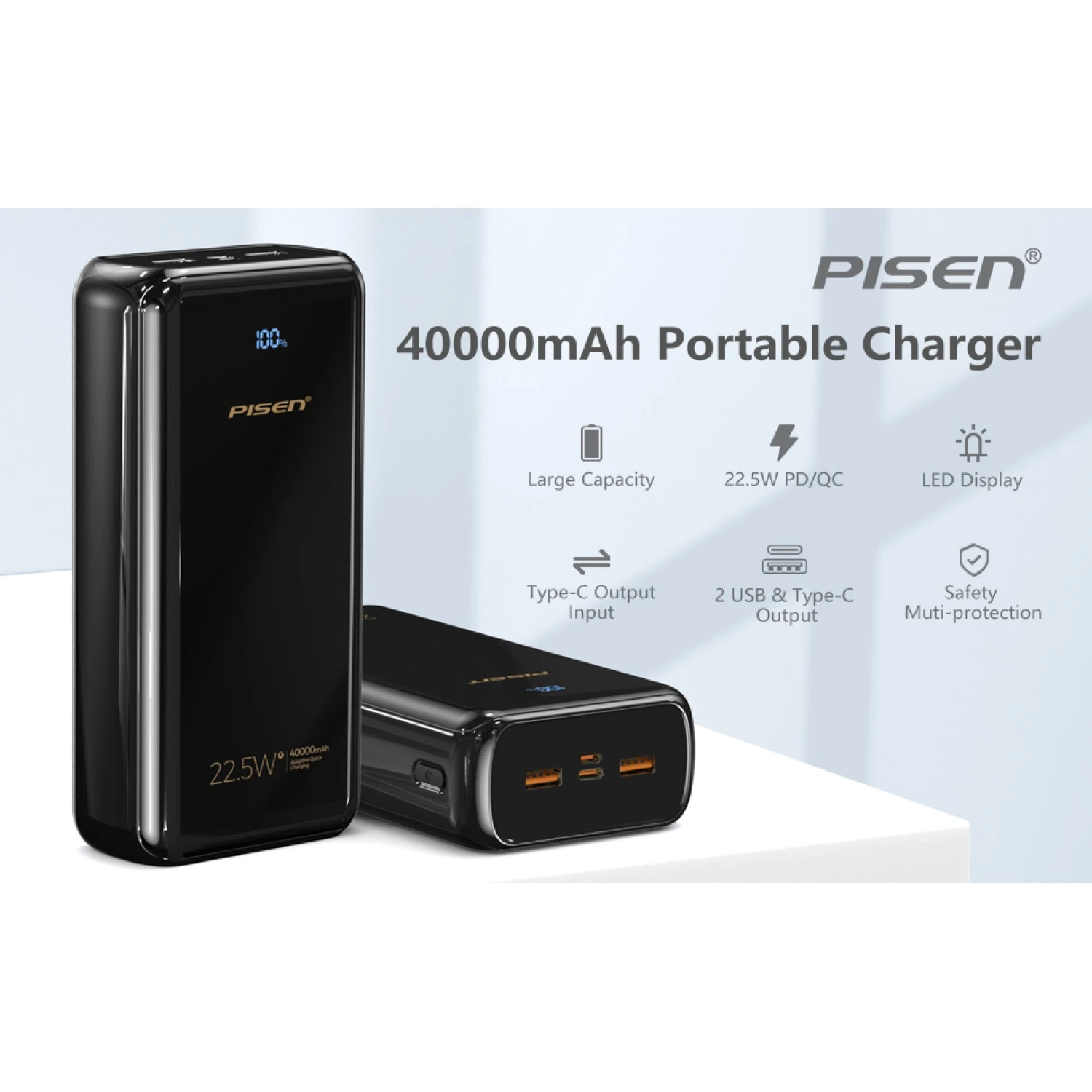 PISEN 40000mAh Portable Charger Power Bank Tri-Outputs & Dual Inports