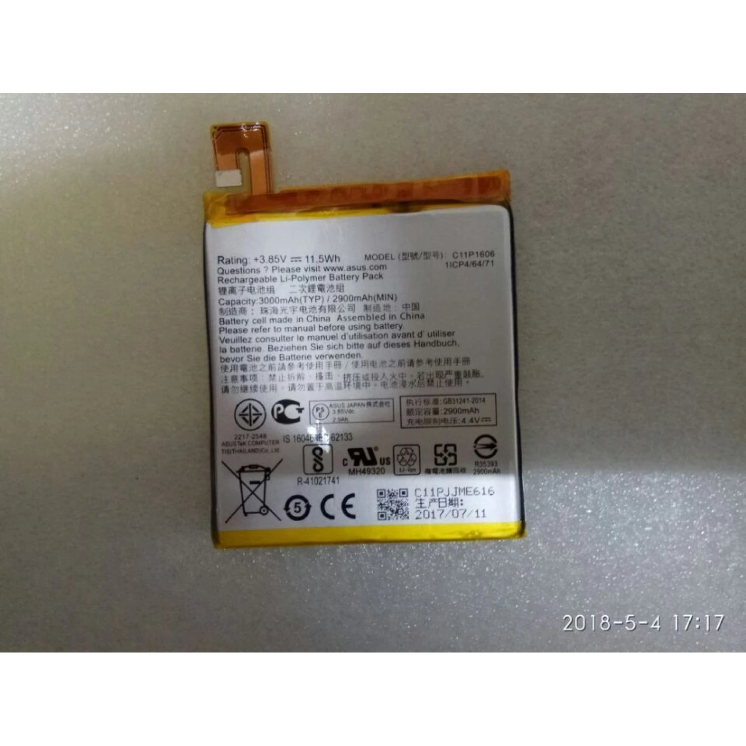 replacement battery C11P1606 for Asus Zenfone 3 Laser ZC551KL Z01BDC