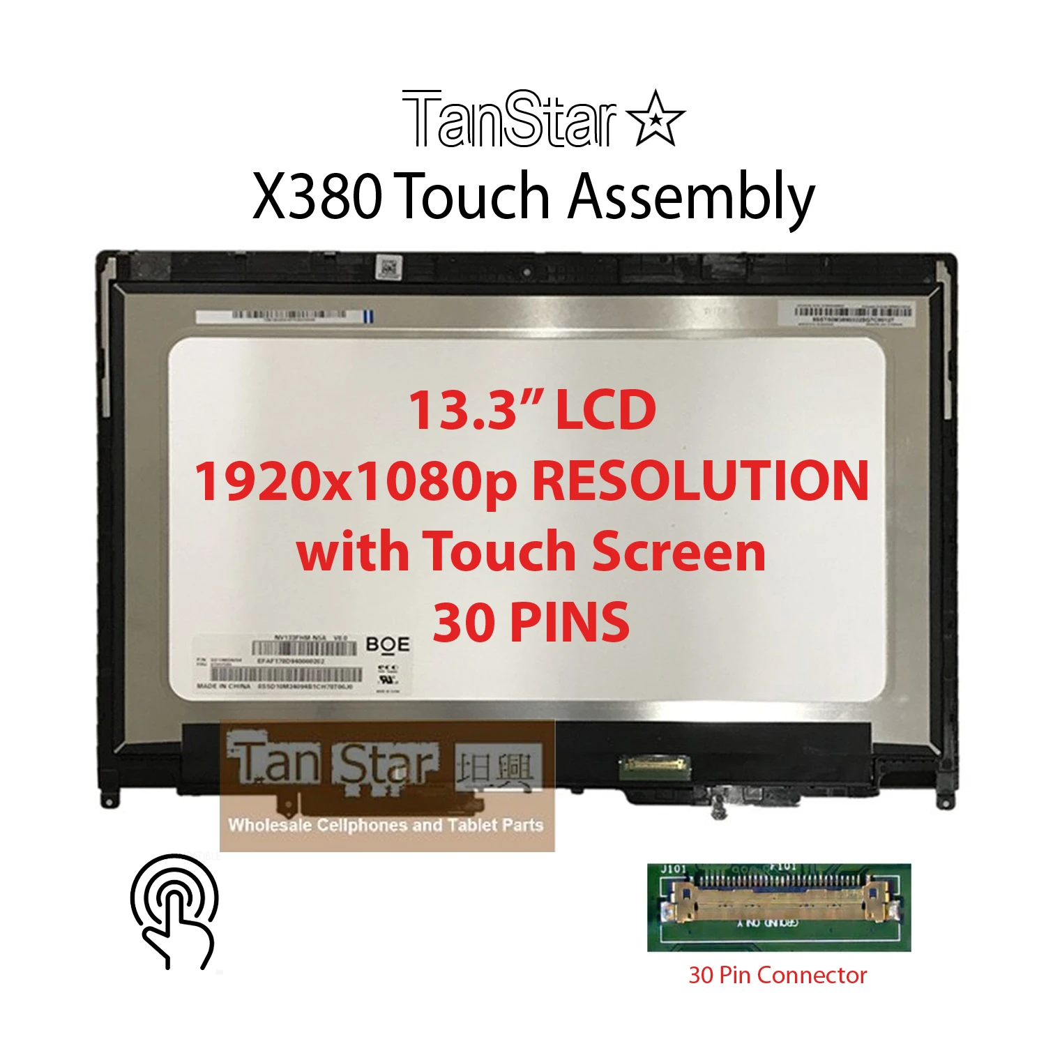 13.3" Laptop LCD Screen 1920x1080 30 Pins Full Touch Assembly with Frame for Lenovo Yoga X380