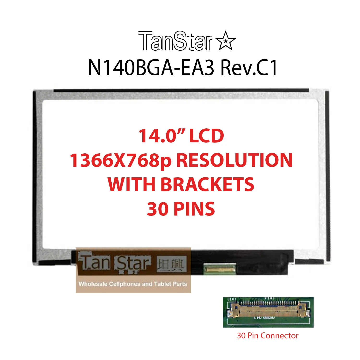 14.0" LCD Screen 1366x768p 30 Pins with Brackets QT140WHM-N44